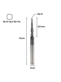 Фреза спиральная двухзаходная конусная 0,75х30,5х6х75 мм