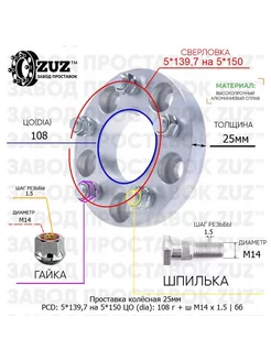 Проставка колёсная 1 шт 25мм 5*139,7 на 5*150 ЦО 108